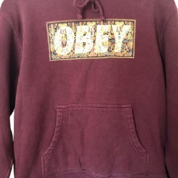Obey Burgundy Floral/Figural Warrior Logo Hoodie - M - Picture 2 of 11